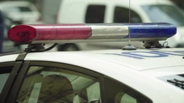 Polis teşhircisi devriye arabasının çatısında yanıp sönüyor.