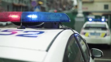 Polis teşhircisi devriye arabasının çatısında yanıp sönüyor.