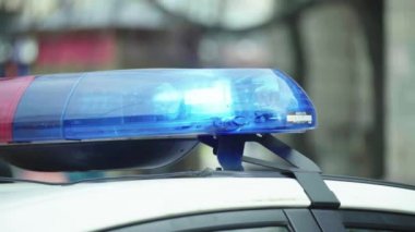 Polis teşhircisi devriye arabasının çatısında yanıp sönüyor.