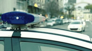 Polis teşhircisi devriye arabasının çatısında yanıp sönüyor.
