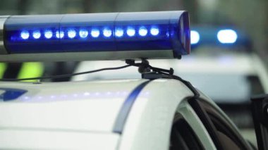 Polis teşhircisi devriye arabasının çatısında yanıp sönüyor.