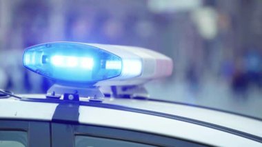 Polis teşhircisi devriye arabasının çatısında yanıp sönüyor.