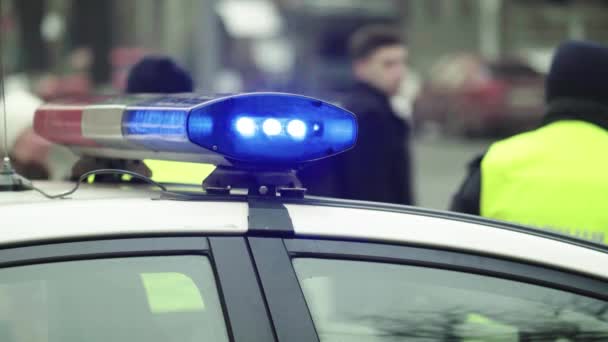 Blaulicht der Polizei auf dem Dach des Streifenwagens — Stockvideo