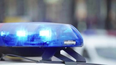 Polis teşhircisi devriye arabasının çatısında yanıp sönüyor.