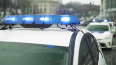Polis teşhircisi devriye arabasının çatısında yanıp sönüyor.
