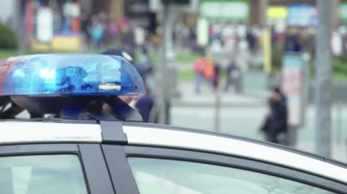 Polis teşhircisi devriye arabasının çatısında yanıp sönüyor.