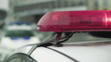 Polis teşhircisi devriye arabasının çatısında yanıp sönüyor.