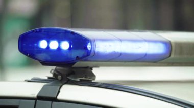 Polis teşhircisi devriye arabasının çatısında yanıp sönüyor.