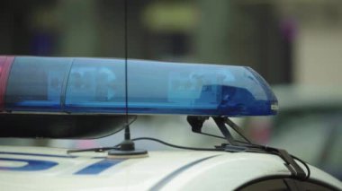 Polis teşhircisi devriye arabasının çatısında yanıp sönüyor.