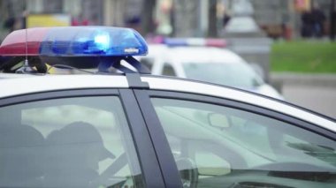 Polis teşhircisi devriye arabasının çatısında yanıp sönüyor.