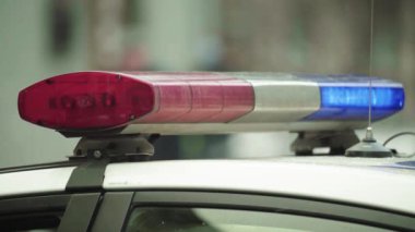 Polis teşhircisi devriye arabasının çatısında yanıp sönüyor.
