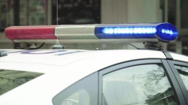 Polis teşhircisi devriye arabasının çatısında yanıp sönüyor.