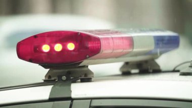 Polis teşhircisi devriye arabasının çatısında yanıp sönüyor.
