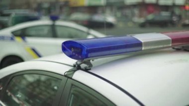 Polis teşhircisi devriye arabasının çatısında yanıp sönüyor.