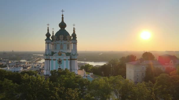 Aerial view of St. Andrews Church in the morning. Kyiv, Ukraine — Stock Video