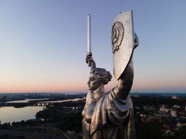 Monument Motherland in the morning. Kyiv, Ukraine. Aerial view
