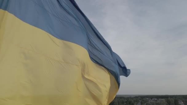 Σημαία της Ουκρανίας. Αργή κίνηση. Κίεβο. Εναέρια, επίπεδη, γκρι — Αρχείο Βίντεο