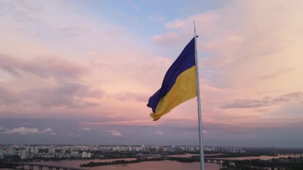 Kiew - Nationalflagge der Ukraine bei Tag. Luftaufnahme. Kiew — Stockvideo