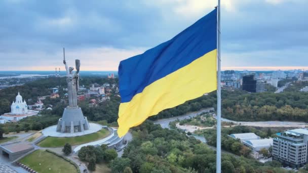 Київ - Національний прапор України вдень. Вид з повітря. Київ — стокове відео