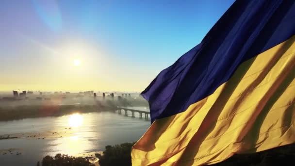 Kyiv - National flag of Ukraine by day. Aerial view. Kiev — Stock Video