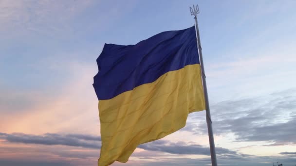 Kiev - Drapeau national de l'Ukraine le jour. Vue aérienne. Kiev. Mouvement lent — Video