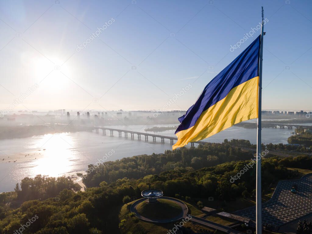 Kyiv - National flag of Ukraine. Aerial view. Kiev