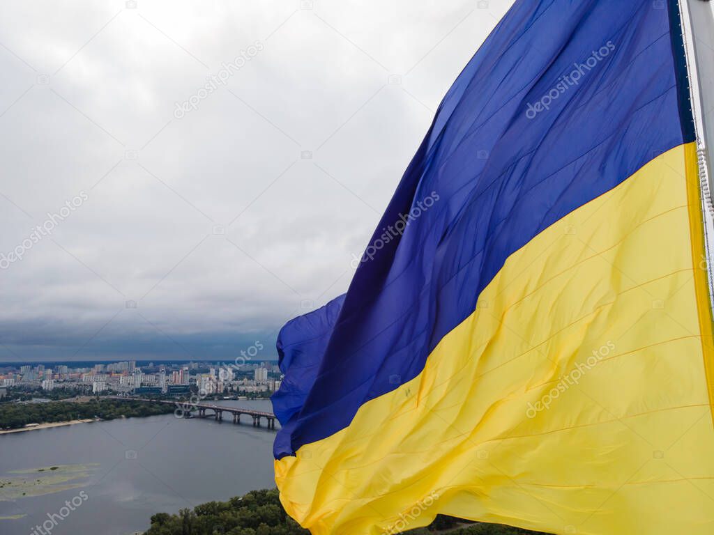 Kyiv - National flag of Ukraine. Aerial view. Kiev