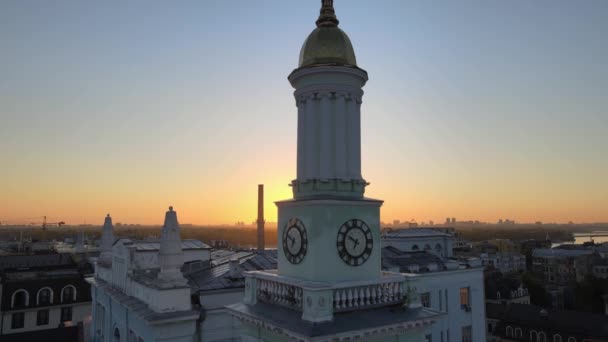 Historical district of Kyiv - Podil in the morning at dawn. Ukraine. Aerial view — Stock Video