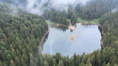 Dağ Gölü Synevyr. Sonbaharda Karpat Dağları 'nın havadan görünüşü. Ukrayna