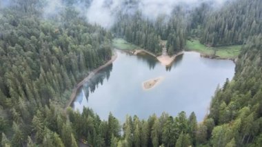 Dağ Gölü Synevyr. Sonbaharda Karpat Dağları 'nın havadan görünüşü. Ukrayna