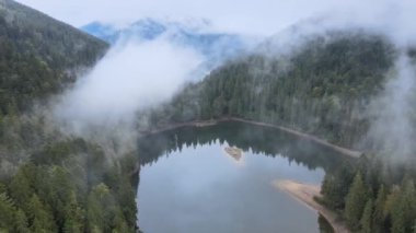 Dağ Gölü Synevyr. Sonbaharda Karpat Dağları 'nın havadan görünüşü. Ukrayna