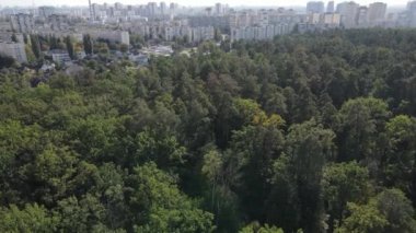 Metropolis ve orman sınırının havadan görüntüsü. Kyiv, Ukrayna
