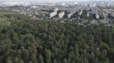 Ormanın yanındaki Megalopolis: Büyük şehirle doğa arasındaki bağlantı. Hava görüntüsü. Yavaş çekim