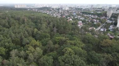 Ormanın yanındaki Megalopolis: Büyük şehirle doğa arasındaki bağlantı. Hava görüntüsü. Yavaş çekim
