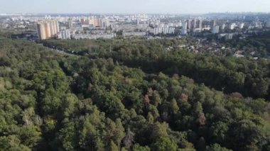 Ormanın yanındaki Megalopolis: Büyük şehirle doğa arasındaki bağlantı. Hava görüntüsü. Yavaş çekim