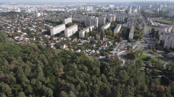 メガロポリスの森の横にある:大都市と自然との接触。空中展望。スローモーション — ストック動画