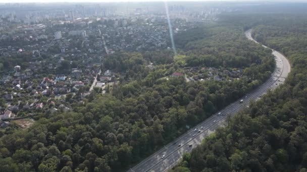 Ormanın yanındaki Megalopolis: Büyük şehirle doğa arasındaki bağlantı. Hava görüntüsü. Yavaş çekim — Stok video
