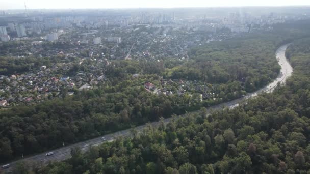 Megalopolis ao lado da floresta: o contato entre a cidade grande e a natureza. Vista aérea. Movimento lento — Vídeo de Stock