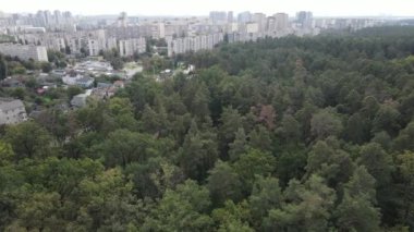 Ormanın yanındaki Megalopolis: Büyük şehirle doğa arasındaki bağlantı. Hava görüntüsü. Yavaş çekim
