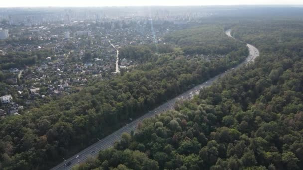 Megalopolis naast het bos: het contact tussen de grote stad en de natuur. Luchtfoto 's. Langzame beweging — Stockvideo