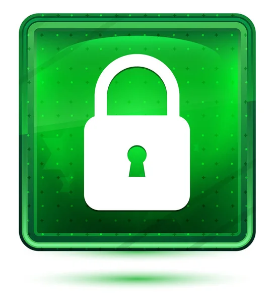 Padlock close icon neon light green square button — Stock Photo, Image