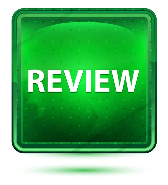 Review neon licht groen vierkante knop — Stockfoto