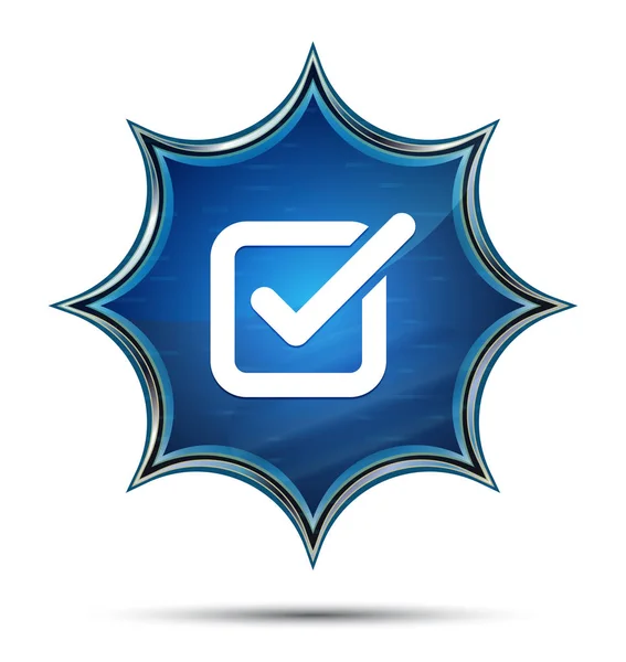 Ícone da caixa de seleção botão azul sunburst vítreo mágico — Fotografia de Stock