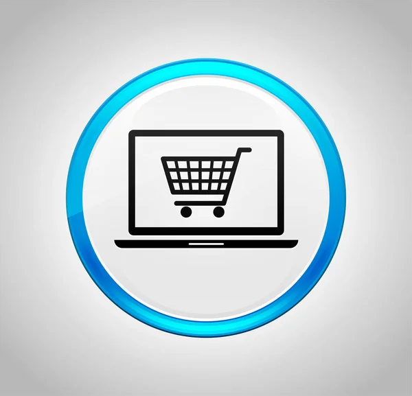 Carrinho de compras on-line ícone laptop rodada botão azul — Fotografia de Stock