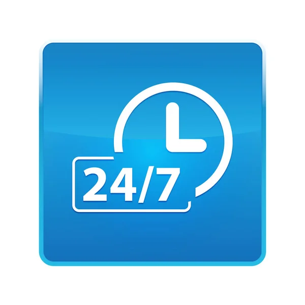 24/7 clock icon shiny blue square button — Stock Photo, Image