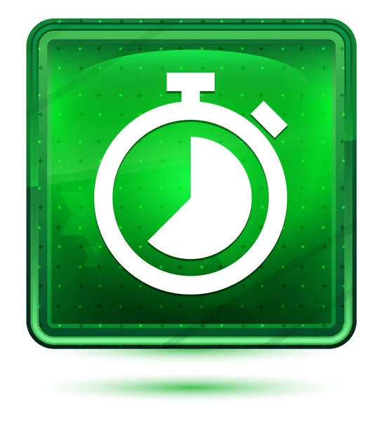 Kronometre simgesi neon açık yeşil kare düğmesi — Stok fotoğraf