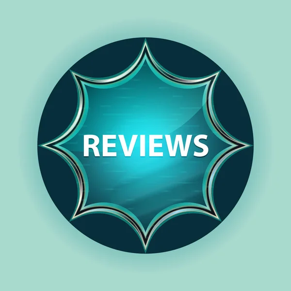 Reviews magical glassy sunburst blue button sky blue background — Stock Photo, Image