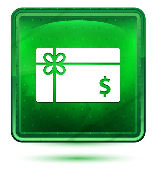 Carte cadeau dollar signe icône néon lumière vert bouton carré — Photo