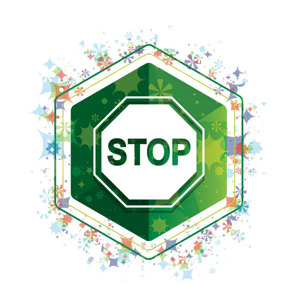 Stop sign icon floral plants pattern green hexagon button — Stock Photo, Image