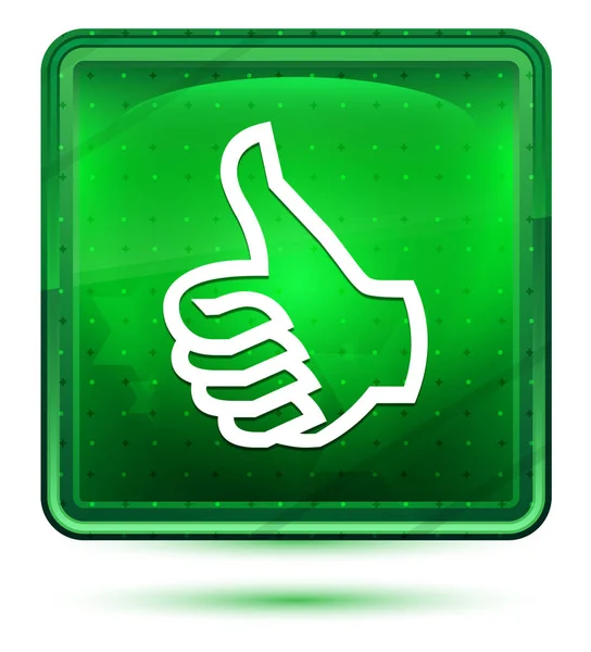 Duim omhoog pictogram neon licht groene vierkante knop — Stockfoto